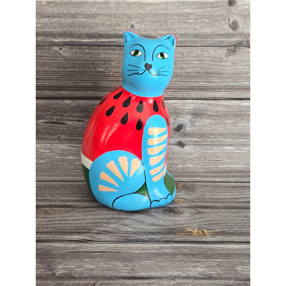 Hand Painted Ceramic Watermelon Cat Coin Bank Blue Red Folk Art Figurine 10"